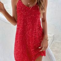 Red Sequin Backless Cami Dress - Sexy Spaghetti Strap Sling Skirt Red / S