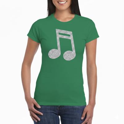 Verkleed t-shirt voor dames - groen - glitter opdruk - zilver - muzieknoot - themafeest Verkleed t-shirt voor dames - groen - glitter opdruk - zilver - muzieknoot - themafeest