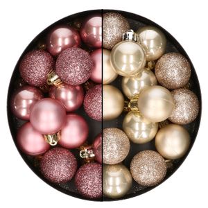 28x stuks kleine kunststof kerstballen champagne en oudroze 3 cm