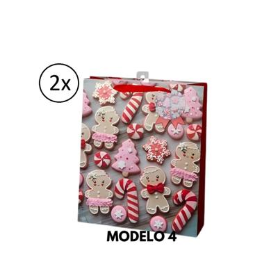 Kerst cadeau tasje - 2x - 32 cm - peperkoek mannetje en vrouwtje - inpakken - kerstcadeaus