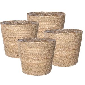 Steege Plantenpot - Set van 4x stuks - beige - gevlochten zeegras - D22 x H19 cm - plastic binnenkan