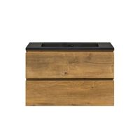 Badkamermeubel Callisto Diamond Hangend 80x50x48cm Mat Eiken 2 Lades Softclose Greeploos Kwartsteen Wastafel Zonder Kraangat Overloop - thumbnail