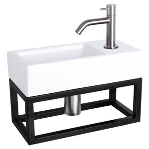 Differnz Ravo fonteinset keramiek - kraan gebogen - met handdoekrek - 38.5 x 18.5 x 9 cm - mat chroom