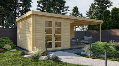 Tuindeco Gunnar Blokhut 300x400 cm + overkapping 450 cm 44 mm vuren blank- Plat dak- Onbehandeld vurenhout- Tuindeco