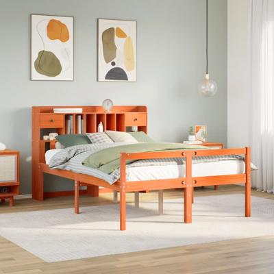 Bed met boekenkast zonder matras grenenhout wasbruin 150x200 cm