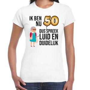 Cadeau T-shirt dames - leeftijd 50 jaar - wit - luid en duidelijk - Sarah - verjaardagsfeest