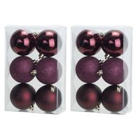 12x Aubergine roze kerstballen 8 cm kunststof mat/glans/glitter - thumbnail