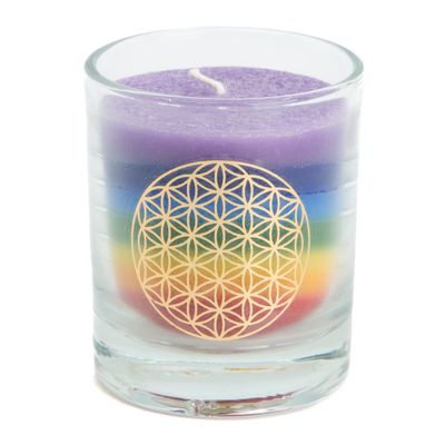 Fair Trade 7 Chakra&apos;s Flower of Life Stearine Kaars in Glas