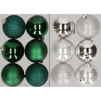 12x stuks kunststof kerstballen mix van donkergroen en zilver 8 cm   -