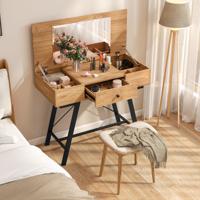 Make-up Tafel met Grote Spiegel & Oplaadstation & Klapdeksel & Lade Cosmeticatafel Natuur