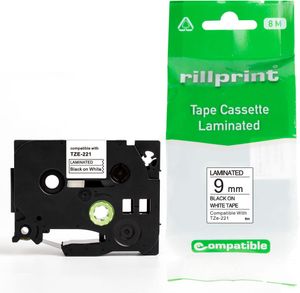 Rillprint compatible TZe tape voor Brother TZe-221, 9 mm, zwart op wit
