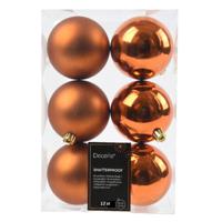 Decoris kerstballen - 12x stuks - 8 cm - koper/cognac bruin - kunststof