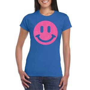 Verkleed T-shirt voor dames - smiley - blauw - carnaval/foute party - feestkleding