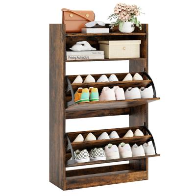 Schoenenkast met 2 Klapvakken Slank Verborgen Houten Schoenenrek Wit/Rustieke Houtlook Koffie
