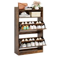 Schoenenkast met 2 Klapvakken Slank Verborgen Houten Schoenenrek Wit/Rustieke Houtlook Koffie