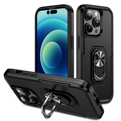 Lunso - iPhone 15 Pro Max - Armor backcover hoes met ringhouder - Zwart