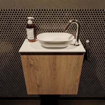 Mondiaz Fowy toiletmeubel 50cm washed oak met blad en waskom talc rechts 1 kraangat