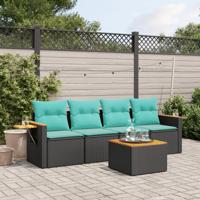 5-delige Loungeset met kussens poly rattan zwart