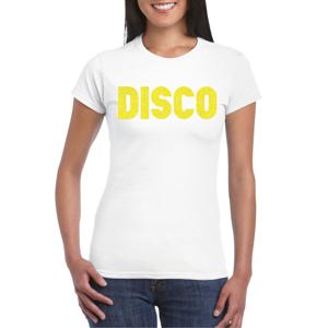 Bellatio Decorations Verkleed T-shirt dames - disco - wit - geel glitter - jaren 70/80 - carnaval 2XL  -