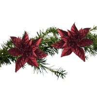 2x stuks kerstboom decoratie glitter bloemen op clip donkerrood 8 cm - Kersthangers - thumbnail