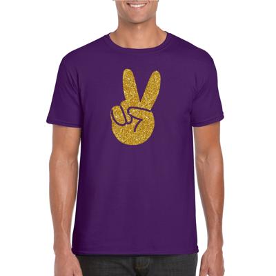 Flower Power t-shirt - paars - gouden glitter peace hand - voor heren - Hippie - Sixties