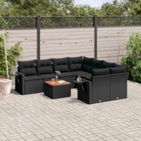 9-delige Loungeset met kussens poly rattan zwart