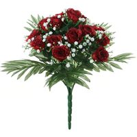 Louis Maes Kunstbloemen boeket rozen/gipskruid - rood - H36 cm - Bloemstuk - Bladgroen   -