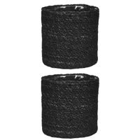 2x stuks naturel zwart rotan planten pot mand van gedraaid jute/riet H16 en D16 cm