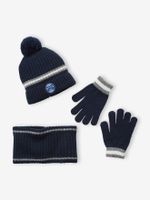 Set muts + snood + handschoenen voor jongens van geribbeld tricot marine - thumbnail