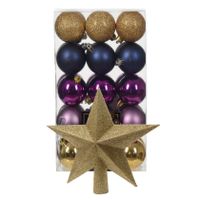 Kerstballen 30x st - goud/blauw/paars- 6 cm - met ster piek goud - kunststof - thumbnail