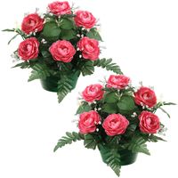 Kunstbloemen plantje rozen in pot - 2x - roze - 25 cm - Bloemstuk ornament - met bladgroen - thumbnail