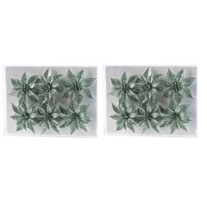 12x Kerstboomversiering mintgroene glitter bloemen op clip 8 cm