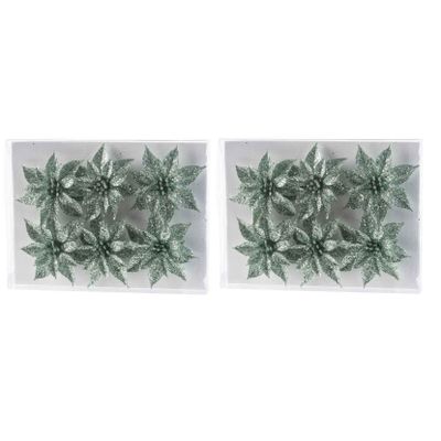 12x Kerstboomversiering mintgroene glitter bloemen op clip 8 cm