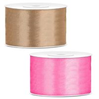 Sierlinten/cadeaulinten/satijnen linten - Set 2x stuks - goud en roze - 38 mm x 25 meter - thumbnail