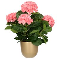 Hortensia kunstplant/kunstbloemen 45 cm - roze - in pot goud glans - thumbnail