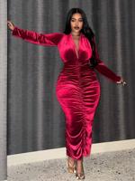 Bon&Bon Black Ruched Bodycon Dress - Deep V-Neck Midi Dress Burgundy / 1XL