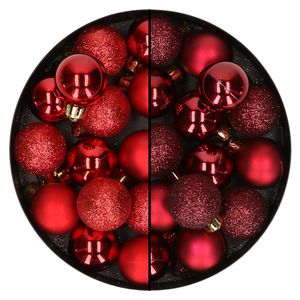 28x stuks kleine kunststof kerstballen bordeaux rood en rood 3 cm