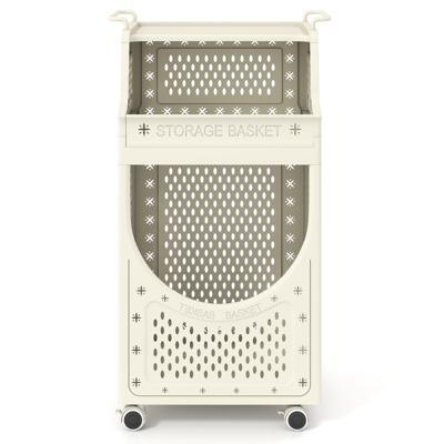 3-traps Waskar Opvouwbare Waszak met Vergrendelbare Wielen Mand 6 Haken Ruimtebesparende Verrijdbare Utility-kar