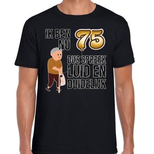 Cadeau T-shirt heren - leeftijd 75 jaar - zwart - luid en duidelijk - verjaardagsfeest