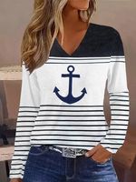 Loose Striped Anchor Casual V Neck T-Shirt - thumbnail
