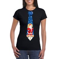 Foute Kerst t-shirt stropdas met kerstman print zwart voor dames - thumbnail