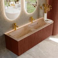 Badmeubel Mondiaz Kurve-Dlux | 145 cm | Meubelkleur Ruby | Wastafelkleur Arena | Solid surface | Dubbel / Links spoelbak | 2 kraangaten