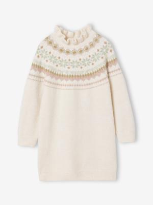 Jacquard jurk in tricot voor meisjes ecru