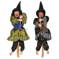 Halloween decoratie heksen pop op bezem - 2x - 44 cm - goud/groen