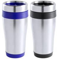 Warmhoudbekers/thermos isoleer koffiebekers/mokken - 2x stuks - RVS - zwart en blauw - 450 ml - thumbnail