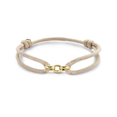 Beige Satijnen Armband met 3 Verweven 14k Gouden Ringen - 13-26 cm