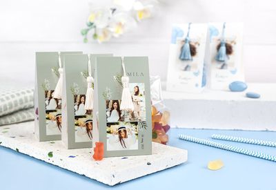 Snoepzakje met fotoverpakking en zilverblauw kwastje - Set van 24