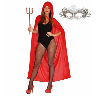 Carnaval gemaskerd bal verkleed set - Oogmasker zilver - Lange cape met capuchon rood - dames