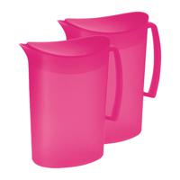 Schenkkan/waterkan met deksel - 2x - fuchsia roze - 2 liter - kunststof - L20 x H23 cm