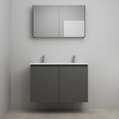 On-Line Badkamermeubelset - 100 cm - Bouwpakket - Greeploos 2 Deuren - Acryl Wastafel - 2 Kraangaten - Spiegelkast - Mat Antraciet